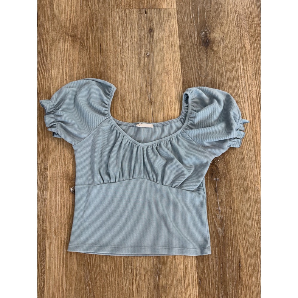 Altar'd State Milkmaid Peasant Crop Top Womens L Blue Ribbed Ruched Puff Sleeve